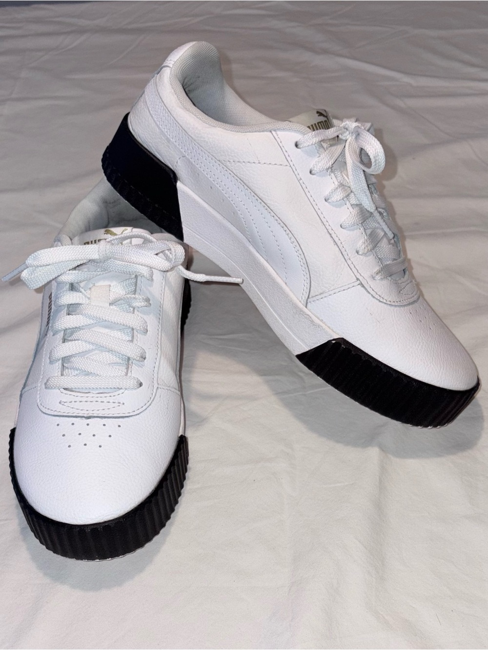 Puma Carina White Leather Platform Sneakers Black Sole Gold Logo | Women’s US 10